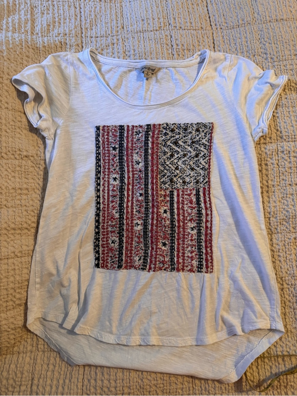 Lucky Brand White Short Sleeve Tee with Red & Navy Flag Patch